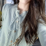 Waxy Sweater Autumn And Winter 2024 New Bow Simple Gentle Long-Sleeved Knitted Cardigan With Fashionable Temperament-Outfit