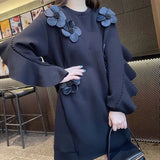 Autumn Beading Ruffles Spliced Sweatshirts Female Clothing Chic Floral Three-dimensional Decoration O-Neck Midi