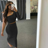 2 Piece Set Skirt and One Shoulder Long Sleeve Crop Top Fall Clothes for Women 2020 Fashion Sexy Club Outfits