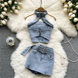 Women Two 2 Piece Set Sexy Strapless Jeans Vest+High Waist Denim Skirts Korean Style Office Lady Sleeveless Suits