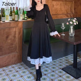Sleeve Dress Women Elegant Ins Black All-match Fashion Spring M-4XL Square Collar Vintage Bandage Hepburn Patchwork
