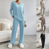 Women Tracksuit Knitted Sweater Pant Sets 2023 Autumn V Neck Pullover Tops Trousers Suits Casual Two Piece Set Outfits-Outfit