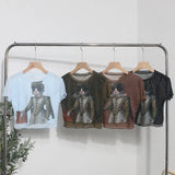 Front Double-Layer Mesh Hot Wood Ear Print Short-Cut Umbilly T-Shirt
