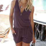 Women Jumpsuit Pocket Zipper Sleeveless Romper Jumpsuit Cotton Playsuits Sexy V Neck Sleeveless Mujer Monos Elegante