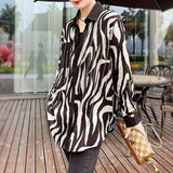 Turn-down Collar Zebra Blouse Spring Autumn Commute Single-breasted Women's Clothing Chic Diamonds Commute Loose