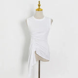 Shirred T Shirt Women Clothing Vest Off Shoulder White Asymmetrical Hem Knitted Plain Top Female 2021 Summer
