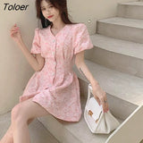 Women Mini Vestidos Romance Backless Chic Tunic Fashion Femme Sweet Summer Holiday French Style Single Breasted