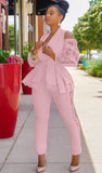 Elegant Ruffles Lace Cut Out Shoulder Long Sleeve Blazer And Pant