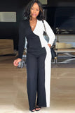 White and Black Contrast V-Neck Blouse and Pants 2 Piece Formal
