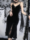 Spaghetti Strap Backless Velvet Woman Long Gothic Cross Dress Black Lace Patchwork Dress Style Maxi Harajuku Emo Partywear-Outfit