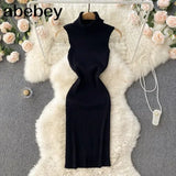 Strap Women Knitted Pencil Dress Turtleneck Sleeveless Elastic Slim Sheath Dresses Summer Korean Streetwear Short