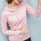 Women's Spring Autumn Solid Drawstring Bandage Hooded Long Sleeved T-shirt Undershirt Fashion Casual Loose Office Lady Tops-Outfit