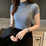 Knitted Turtleneck Blouse Women 2021 Summer Solid Slim Casual Clothing Women Short Sleeve Top Blusa Mujer De Moda 8622
