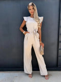 Women's Jumpsuits Casual O-neck Ruffles Belt Ladies Wide Leg Playsuits Elegant Rose Red Overalls Monos Verano 2023