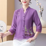 Women's Chiffon Half Sleeve V-Neck Flower Embroidered Pullover T-shirt Button Cardigan Casual Fashion Elegant Spring Summer Tops-Outfit