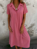 New Leisure Spring And Summer Loose Short-Sleeved V-Neck Solid Cotton Shirt