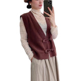 New French Vintage V Neckline Knitted Vest Cardigan With Chinese Style And Fashion Sleeveless Sweater-Outfit
