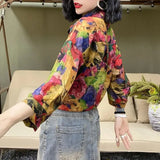 Contrasting Colors Printed Shirt Hong Kong Style Casual Single-breasted Female Clothing Polo-Neck Spring Bandage
