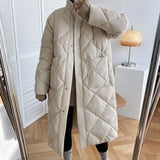 Women's Dual Pocket Long Winter Quilted Coat Knee Length Korean Belted Warm