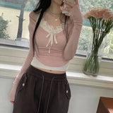 Pink Korean Style Slim-fit Knitted Tops Coquette Contrast Color Patchwork Cropped Top Aesthetic Long Sleeve Tops-Outfit