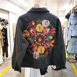 Fashion Vintage Multi Floral Embroidered Denim Loose Jacket Women Cowboy Lapel Casual Denim Coat Streetwear