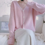 New Soft Breeze Loose Simple College Sweater Short Style Solid Color Soft Waxy V-Neck Knitted Cardigan Girl-Outfit