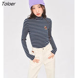 Women Bottoming T-shirts 2022 Winter Long Sleeve Half Turtleneck Slim Fit Stretch Tees Striped Basic All Match