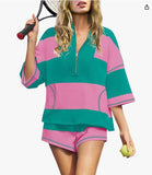 Spring And Summer New Women's Striped Half-Sleeved Oversized Shorts Casual Sportswear Two