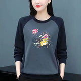 and Autumn Women's Pure Cotton Round Neck Sweater Spliced Large Long Sleeve Printed Solid Color Pullover T-shirt Tops-Outfit