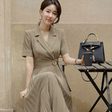 Summer New Women Short Sleeve Office Lady Work Wear Elegant Female Lace-Up Midi Dress