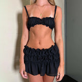 Women Y2K 2Piece Skirts Outfits Solid Color Spaghetti Strap Frills Sleeveless Cami Bra Tops+Low Waist Mini Skirts Set-Outfit