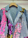 Women's Denim Suit Coat Pink Sequins Crystal Single Breasted Asymmetric Hand-Painted Blazer 2024 Summer New Fashion 29L7127-Outfit