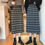 Korean Plaid Midi Skirt Women 2023 Spring Autumn High Waist Split One-step Skirts Woman Harajuku Students Long