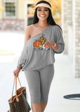 Halloween Pumpkin Off Shoulder Long Sleeve Top And Midi Pants