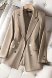 Temperament Women Blazer Coat Vintage Long Sleeve Elegant Casual Double Breasted Vintage Office Chic Tops