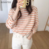 Women Trendy Daily Long Sleeve Elegant Sweet Student Womens Classic Casual Striped Tee Korean Lady O-Neck T-shirt