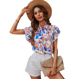 Chiffon Stand Collar Printed Short Sleeve