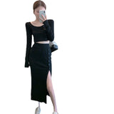 New Suit Hottie Exposed Umbilled Long-Sleeved Top + High Waist Open Half-Body Bag Skirt Two
