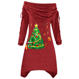 Large Women's Long-Sleeved Christmas Tree Printed Pleated Collar Irregular Long Rope Autumn And Winter Knitted Dress-Outfit