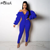 Ruched Lantern Long Sleeve Jumpsuit Women One Piece Outfit Bodycon Romper Female Black Solid Off Shoulder Jumpsuit