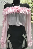 Solid Sheer Blouses For Women Halter Off Shoulder Long Sleeve Spliced Floral Loose Ruffles Shirts Female Spring 2023