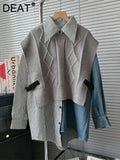 Women 2 Pcs Set Pu Buckle Knitted Shawl Vest Cardigan Stripes Asymmetric Spliced Denim Shirt Suits 2024 Summer New Fashion-Outfit