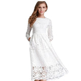 2025 New Women's Dress Round Collar Hollow Simple Lace Long Sleeves Medium Long