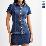 Women's Short-Sleeved Cowboy Button-Neck Collar Top High-Waisted Short Skirt Suit For