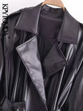Women Fashion With Belt Faux Leather Trench Coat Vintage Long Sleeve Flap Pockets Female Outerwear Chic