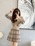 V-Neck Plaid Short Knitted Cardigan + High Waist Mini Skirts Two-Piece Female Fashion Sweet Suit Korean Autumn 2023
