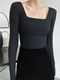 square-neck t-shirt women's slim-fit exposed collarbone low-neck short top bottoming shirt-Outfit