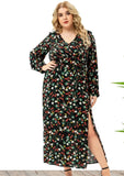 Plus Size Print V Neck Long Sleeve Slit Long