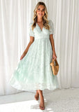 Dress Floral Lace Short-Sleeved High-Waist A-Shaped Flowing Party Mid-Dress