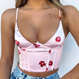 V Neck Satin Corset tight bosom foreground summer Tops flower printing